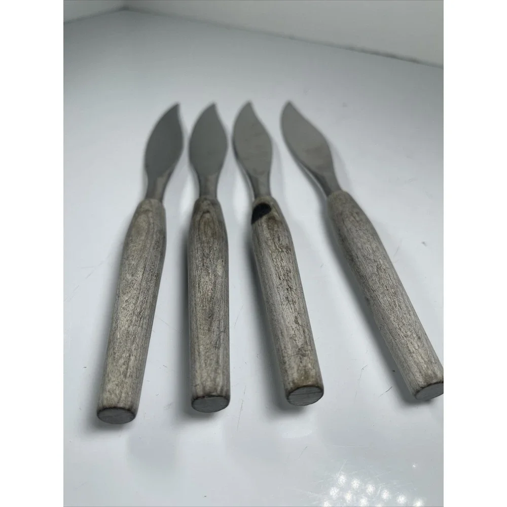 4 Vintage MODE DANISH Steak Knives MCM Gray Wood Farmhouse STAINLESS Shefield